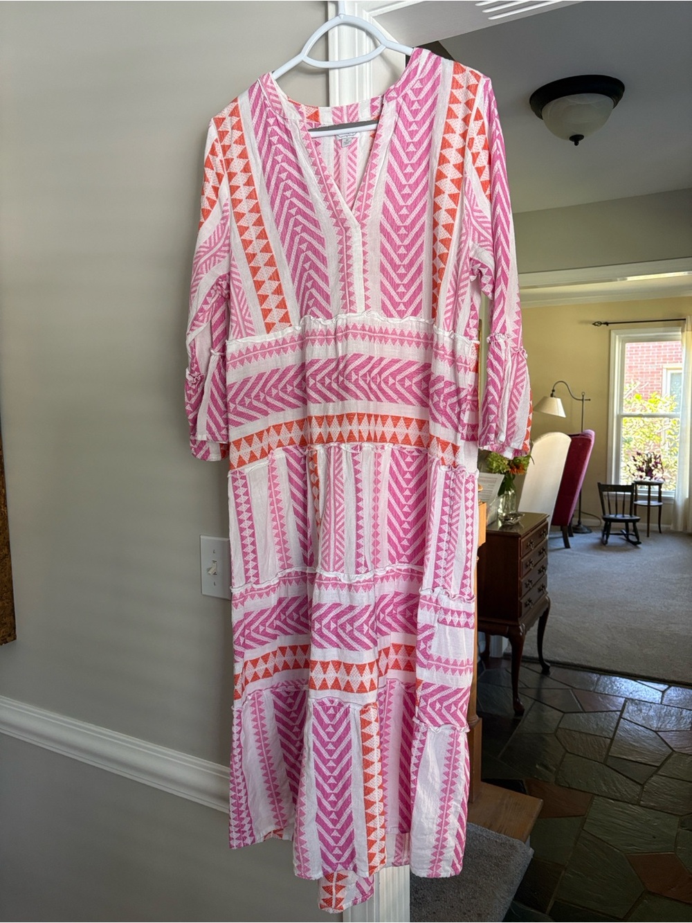 Mud Pie Pink & Orange Geometric Tiered Maxi Dress